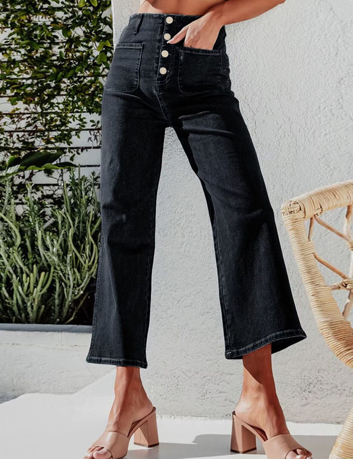 High Waist Down Button Pant Women's Clothing