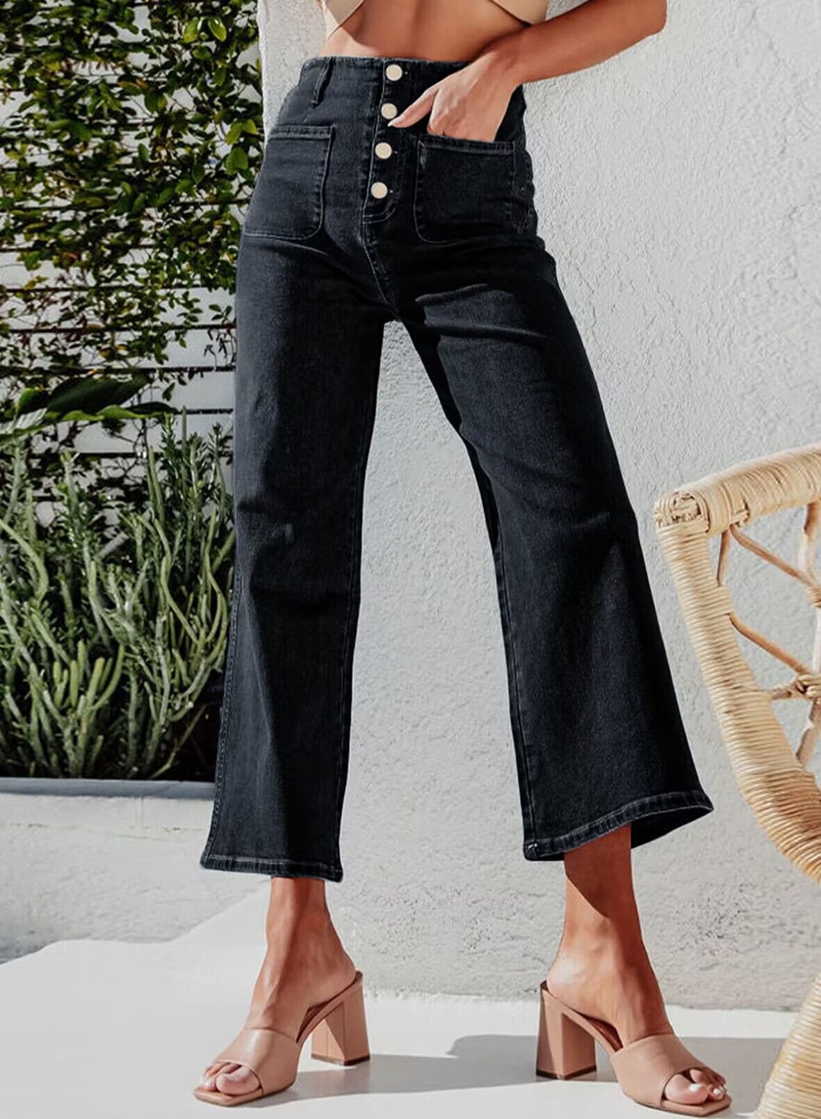 High Waist Down Button Pant Women's Clothing