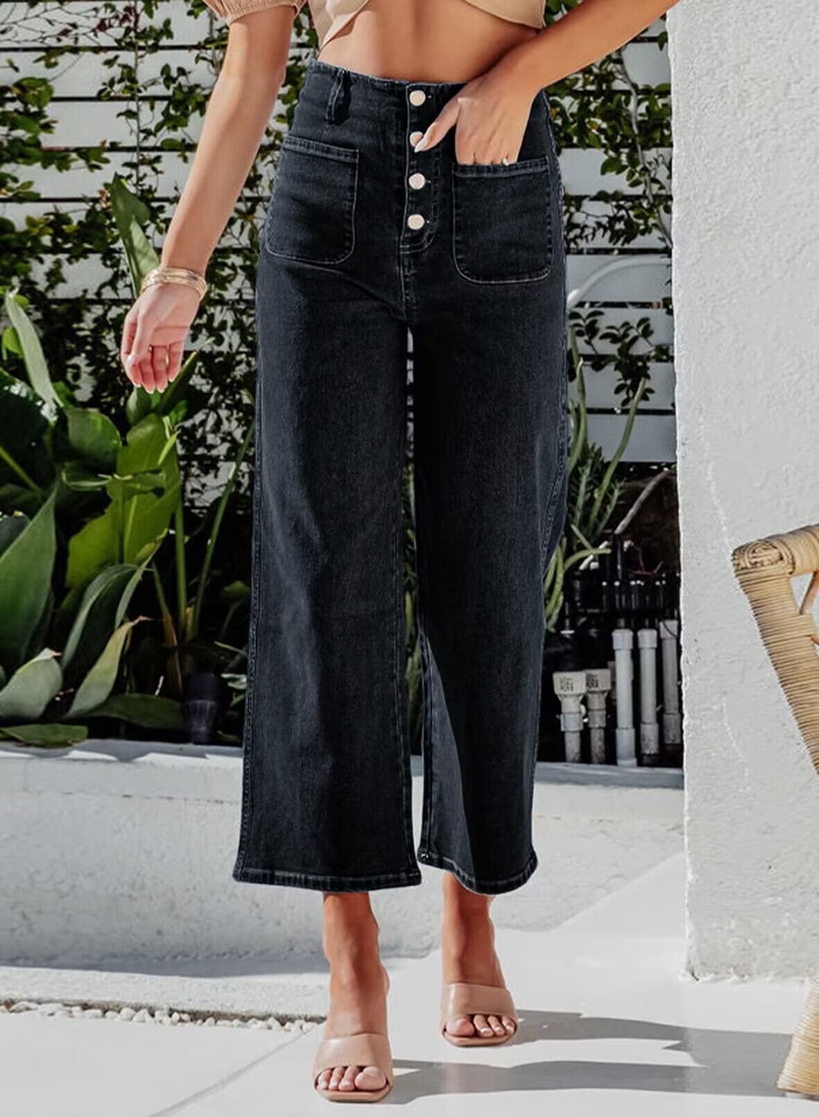 High Waist Down Button Pant Black Women's Clothing