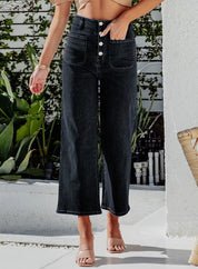 High Waist Down Button Pant Black Women's Clothing