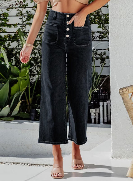 High Waist Down Button Pant Black Women's Clothing