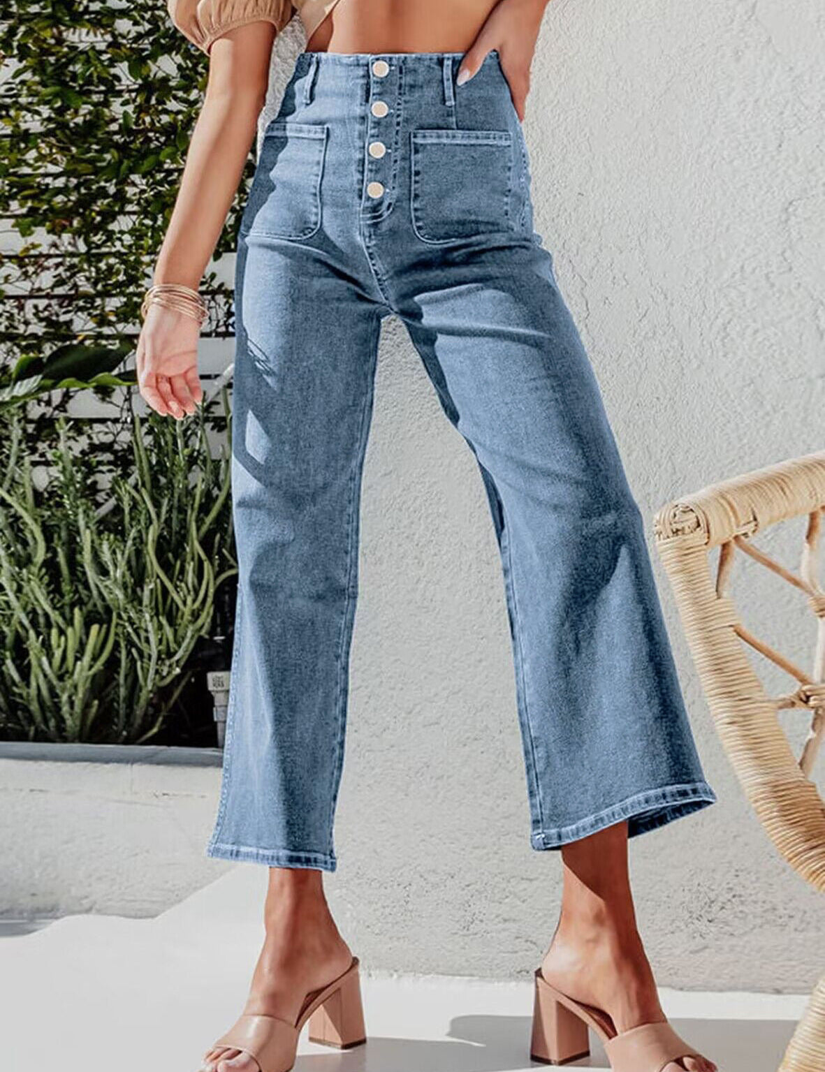 High Waist Down Button Pant Women's Clothing