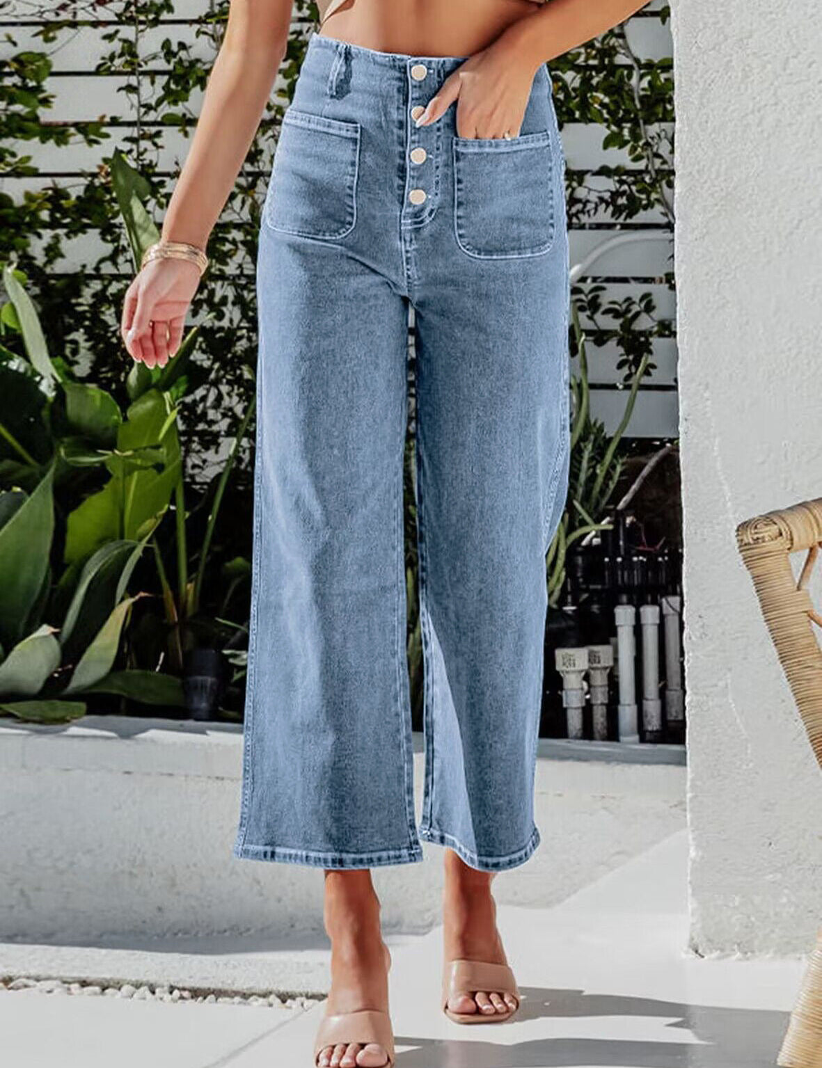 High Waist Down Button Pant Light Blue Women's Clothing