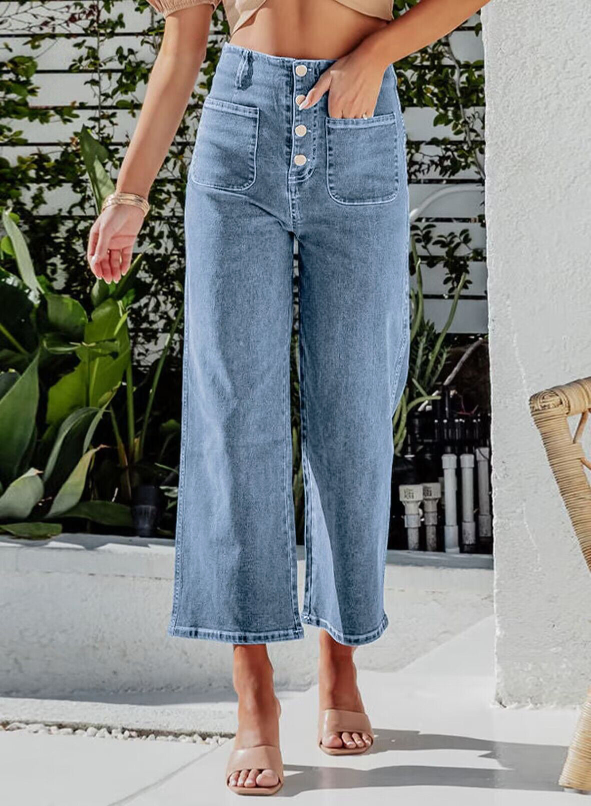 High Waist Down Button Pant Light Blue Women's Clothing
