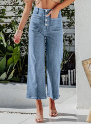 High Waist Down Button Pant Light Blue Women's Clothing
