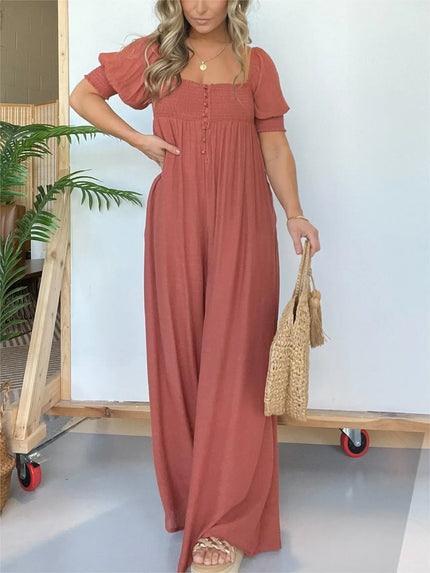 Wyn™ | Feminine Flair Smocked Jumpsuit Fuchsia Jumpsuit