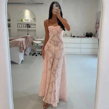 Elegant Floral Lace-Up Maxi Dress – Summer Party & Evening Wear Pink Dresses