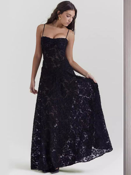 Elegant Floral Lace-Up Maxi Dress – Summer Party & Evening Wear Black Dresses