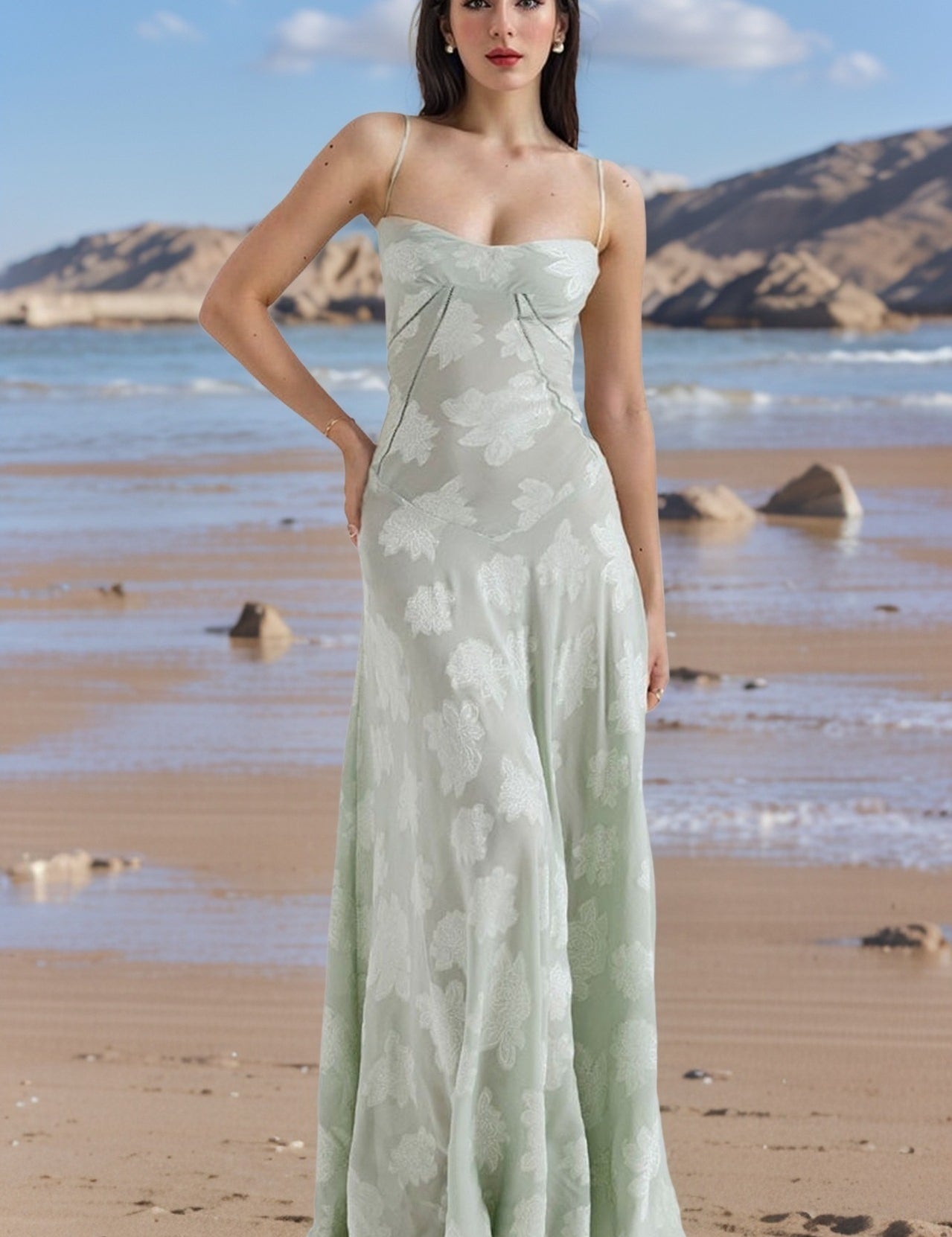 Elegant Floral Lace-Up Maxi Dress – Summer Party & Evening Wear Green Dresses