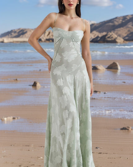 Elegant Floral Lace-Up Maxi Dress – Summer Party & Evening Wear Green Dresses