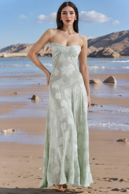 Elegant Floral Lace-Up Maxi Dress – Summer Party & Evening Wear Green Dresses