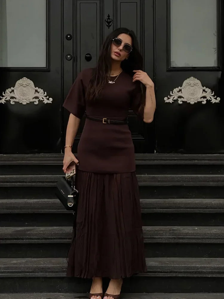 Elegant O-Neck Short Sleeve Maxi Dress brown dress Dresses