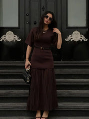 Elegant O-Neck Short Sleeve Maxi Dress brown dress Dresses