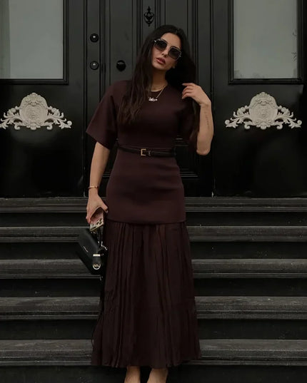 Elegant O-Neck Short Sleeve Maxi Dress brown dress Dresses
