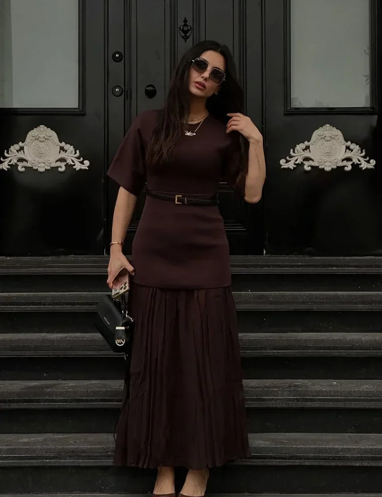 Elegant O-Neck Short Sleeve Maxi Dress brown dress Dresses