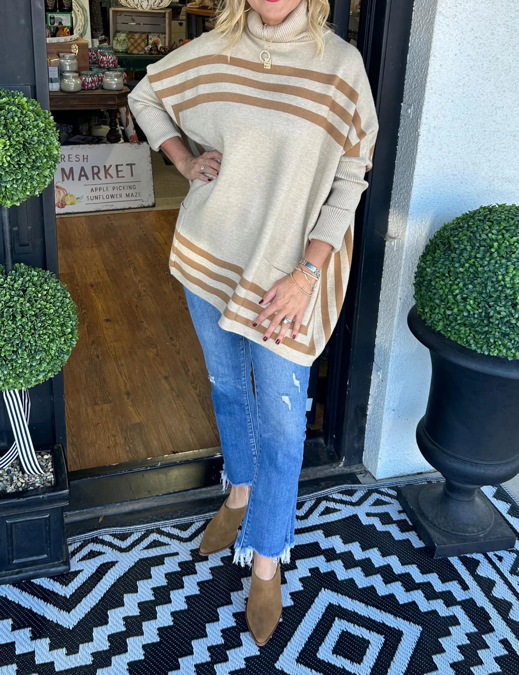 Inessa™ | High Neck Bat Sleeve Striped Sweater Beige White Sweaters