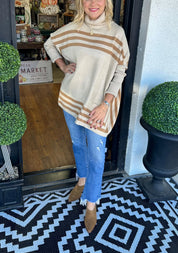Inessa™ | High Neck Bat Sleeve Striped Sweater Beige White Sweaters