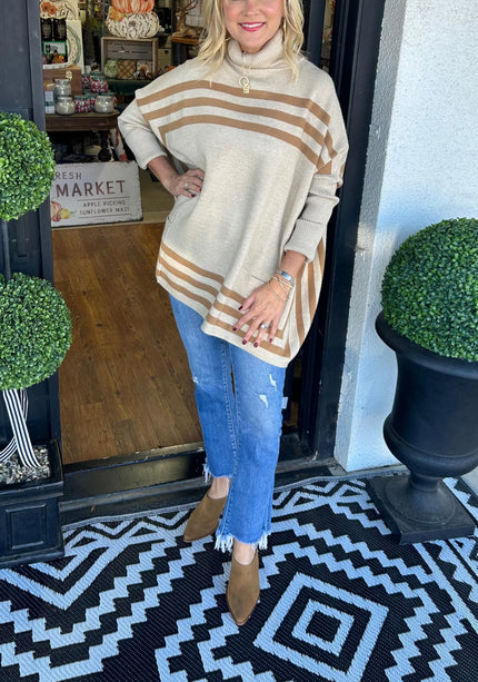 Inessa™ | High Neck Bat Sleeve Striped Sweater Beige White Sweaters