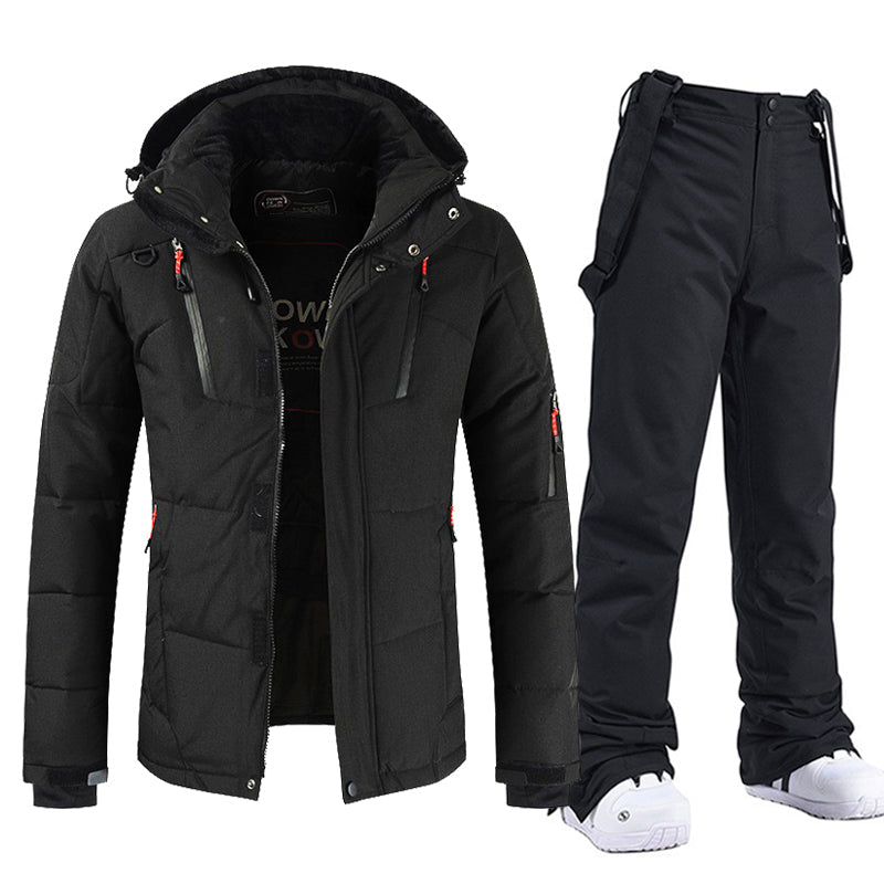 Men's Windproof and Waterproof Ski Suit with Hood and Bib Pants Black Jacket