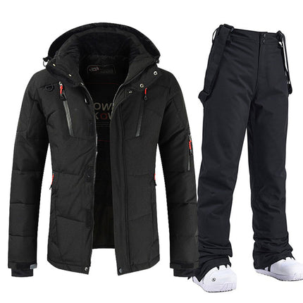 Men's Windproof and Waterproof Ski Suit with Hood and Bib Pants Black Jacket