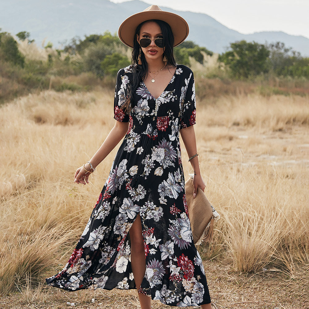 Floral V-Neck Summer Beach Dress Black Dresses