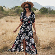 Floral V-Neck Summer Beach Dress Black Dresses