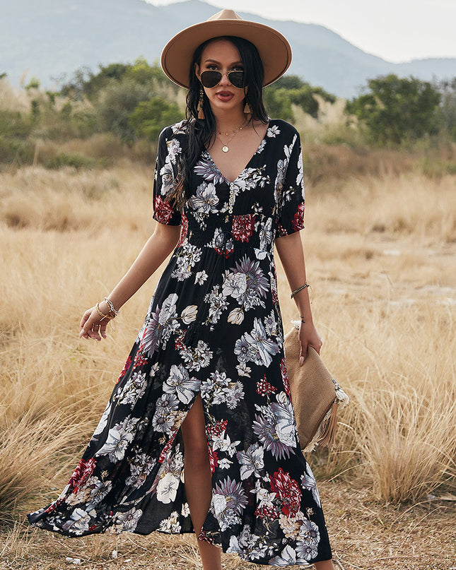 Floral V-Neck Summer Beach Dress Black Dresses