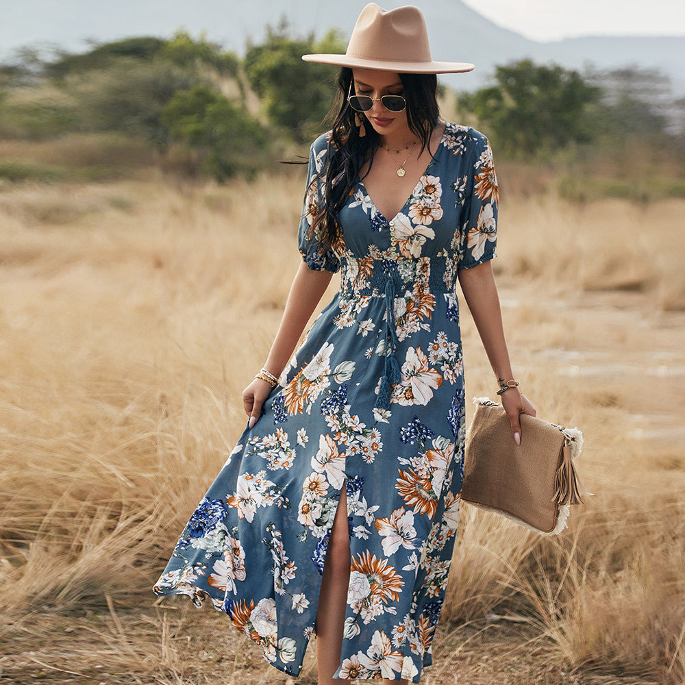 Floral V-Neck Summer Beach Dress Blue Dresses