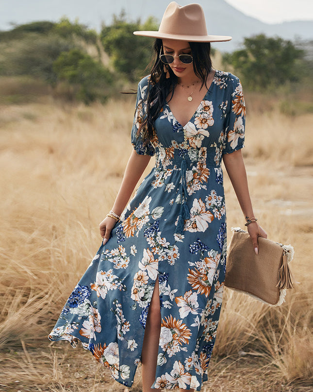 Floral V-Neck Summer Beach Dress Blue Dresses