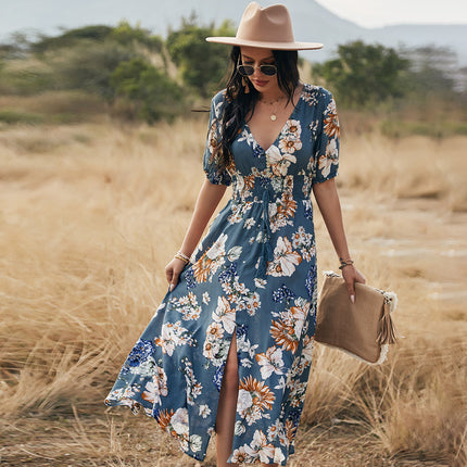Floral V-Neck Summer Beach Dress Blue Dresses