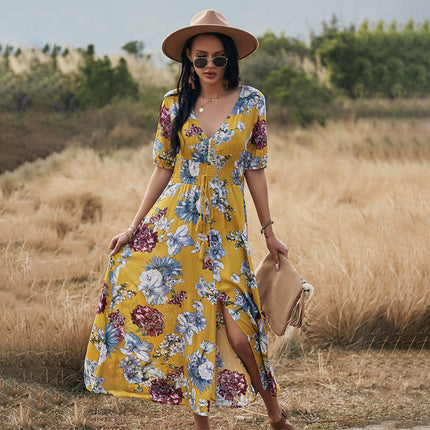 Floral V-Neck Summer Beach Dress Yellow Dresses