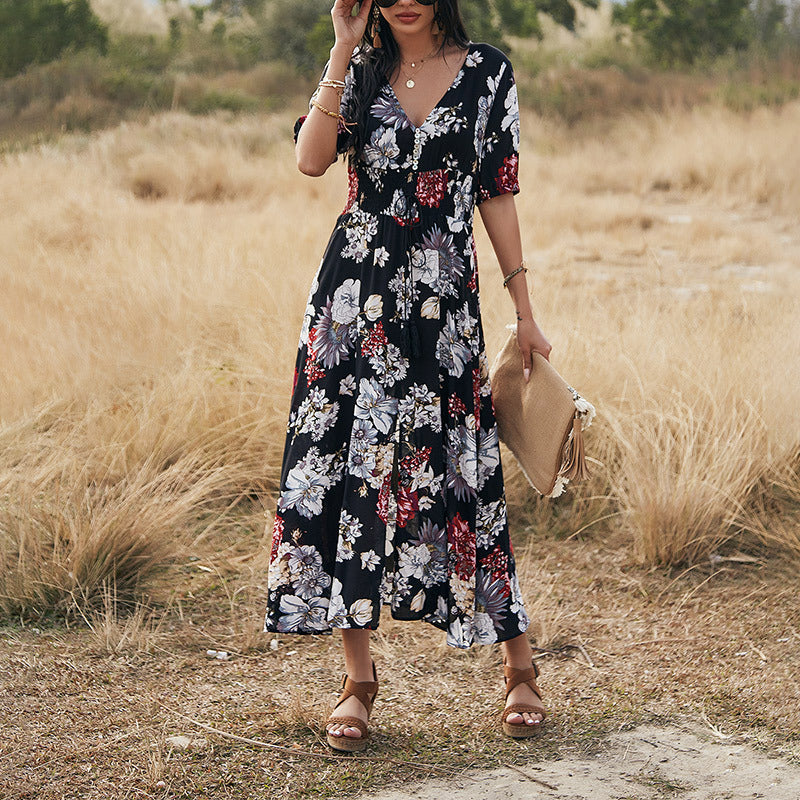 Floral V-Neck Summer Beach Dress Dresses