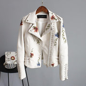 Ella | Stylish Embroidered Leather Jacket Off-white Leather jacket