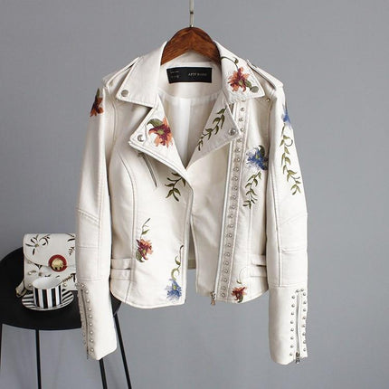 Ella | Stylish Embroidered Leather Jacket Off-white Leather jacket