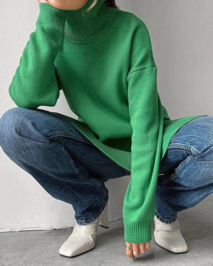 Elegant Split-Hem Turtleneck Sweater Green Sweater