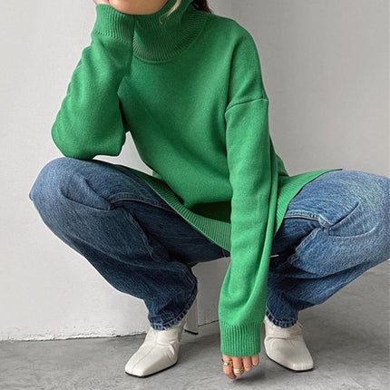 Elegant Split-Hem Turtleneck Sweater Green Sweater