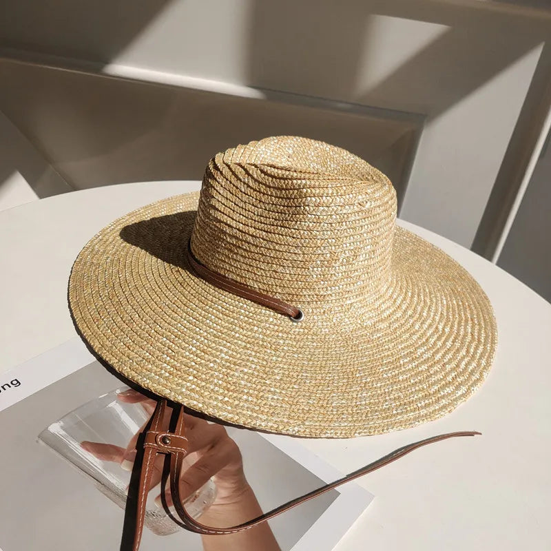 New 2024 Belt Strap Straw Sun Hat For Women Fashion Vacation Beach UV Hats Summer Wide Brim Travel Panama Hats Outdoor Wholesale like picture