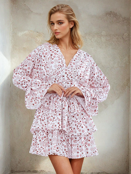 Jordan™ | V-neck Flared Curve-Enhancing Mini Dress Floral Dress
