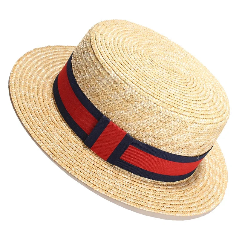 REHOOS Natural Wheat Straw Boater Fedora Top Flat Hat Women Summer Beach Flat Brim Cap Bowknot Ribbon For Holiday Party as photo adult size(55-58cm)