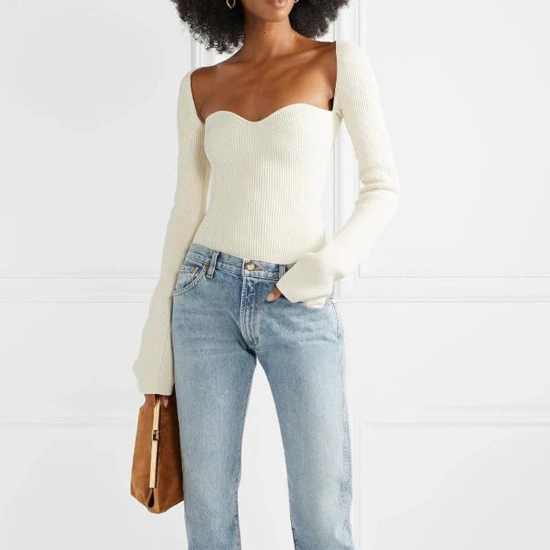 Anthea™ | Square Collar Knitted Sweater White Sweaters