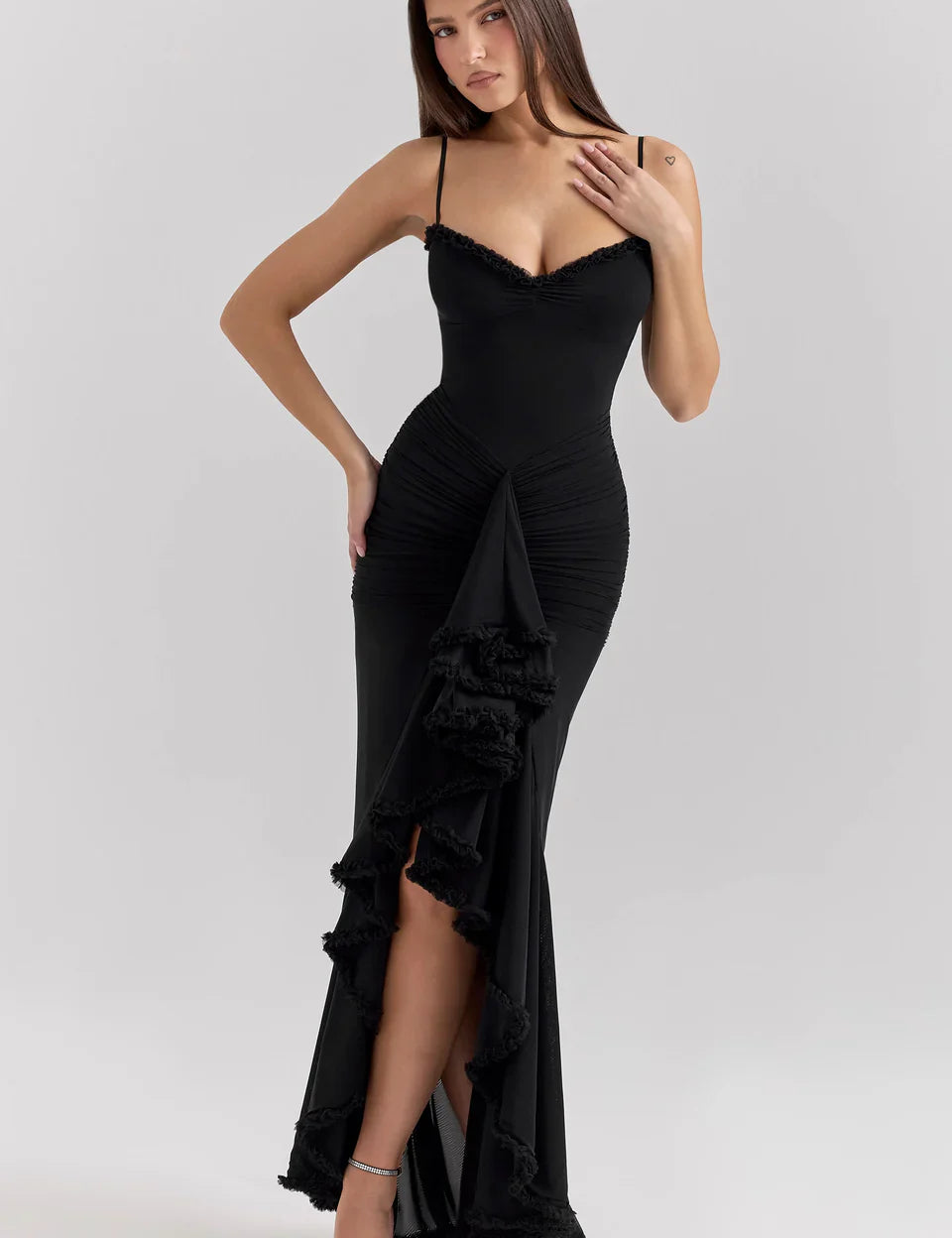 Tiara | Sultry Bodycon Maxi Dress with Cascading Ruffles Black Dresses