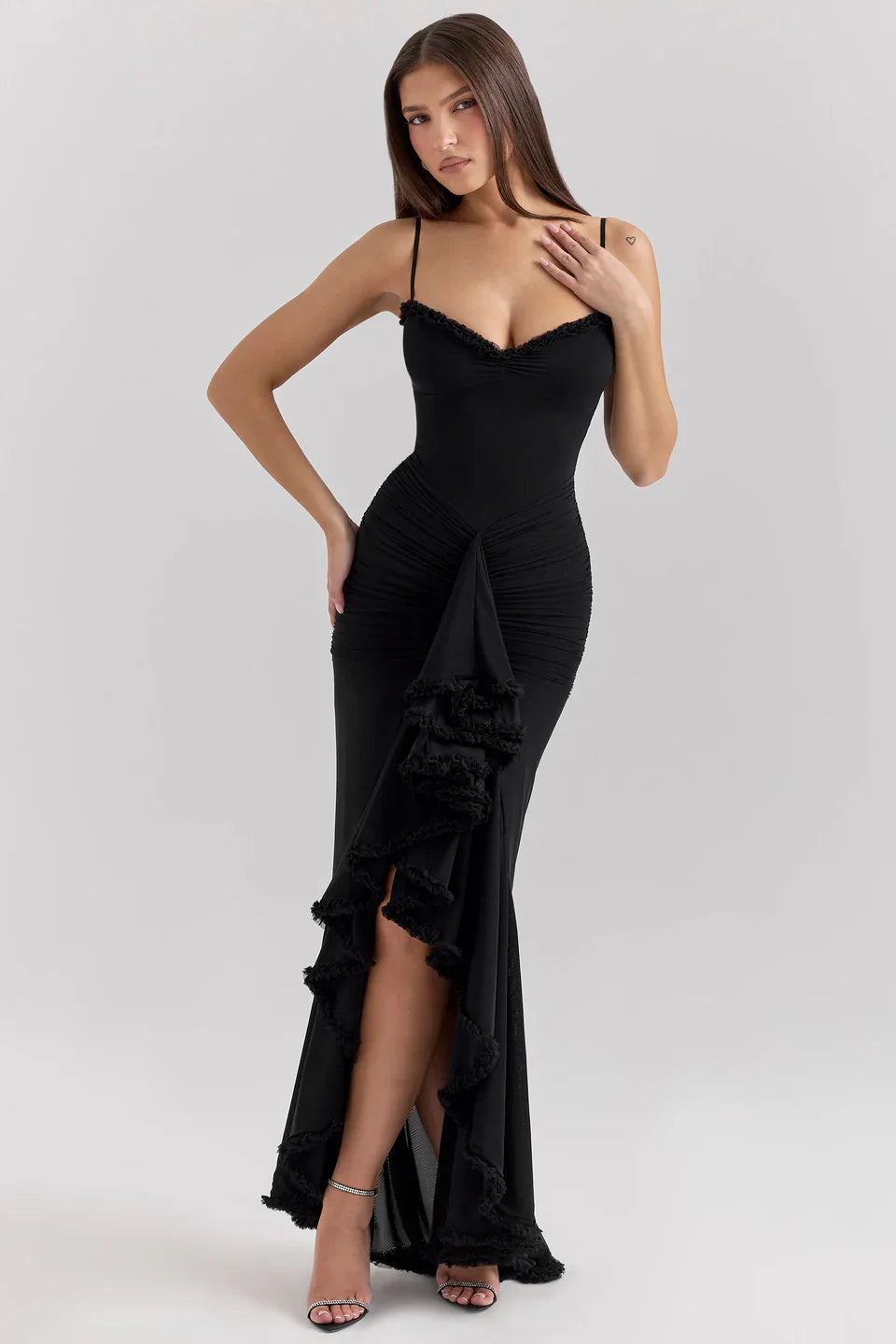 Tiara | Sultry Bodycon Maxi Dress with Cascading Ruffles Black Dresses