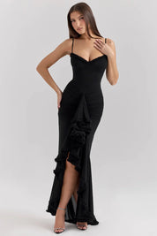 Tiara | Sultry Bodycon Maxi Dress with Cascading Ruffles Black Dresses