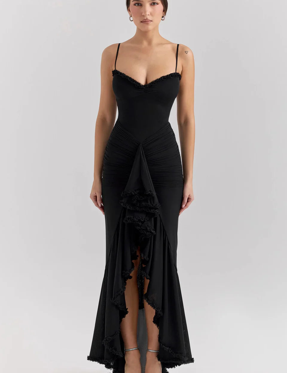 Tiara | Sultry Bodycon Maxi Dress with Cascading Ruffles Dresses