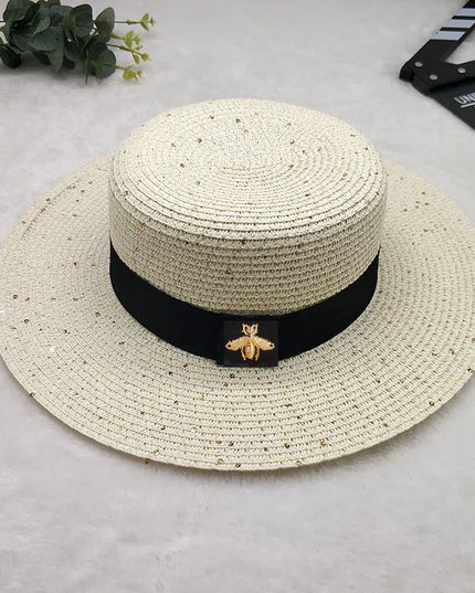Ladies Sun Fedora Hat with Gold Braiding for Stylish Protection cream white- sequins adult size(56-58cm) Hats