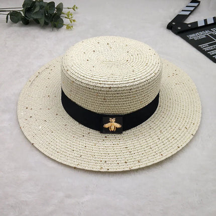 Ladies Sun Fedora Hat with Gold Braiding for Stylish Protection cream white- sequins adult size(56-58cm) Hats
