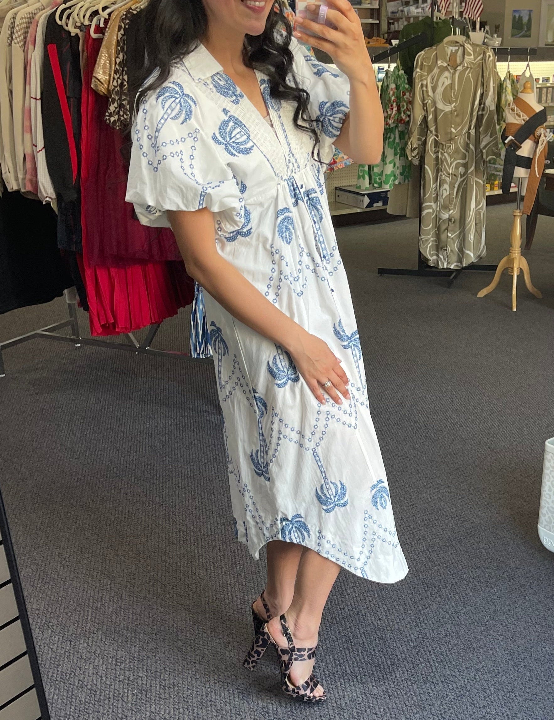 Tropical Palm Print Midi Dress Blue Dresses