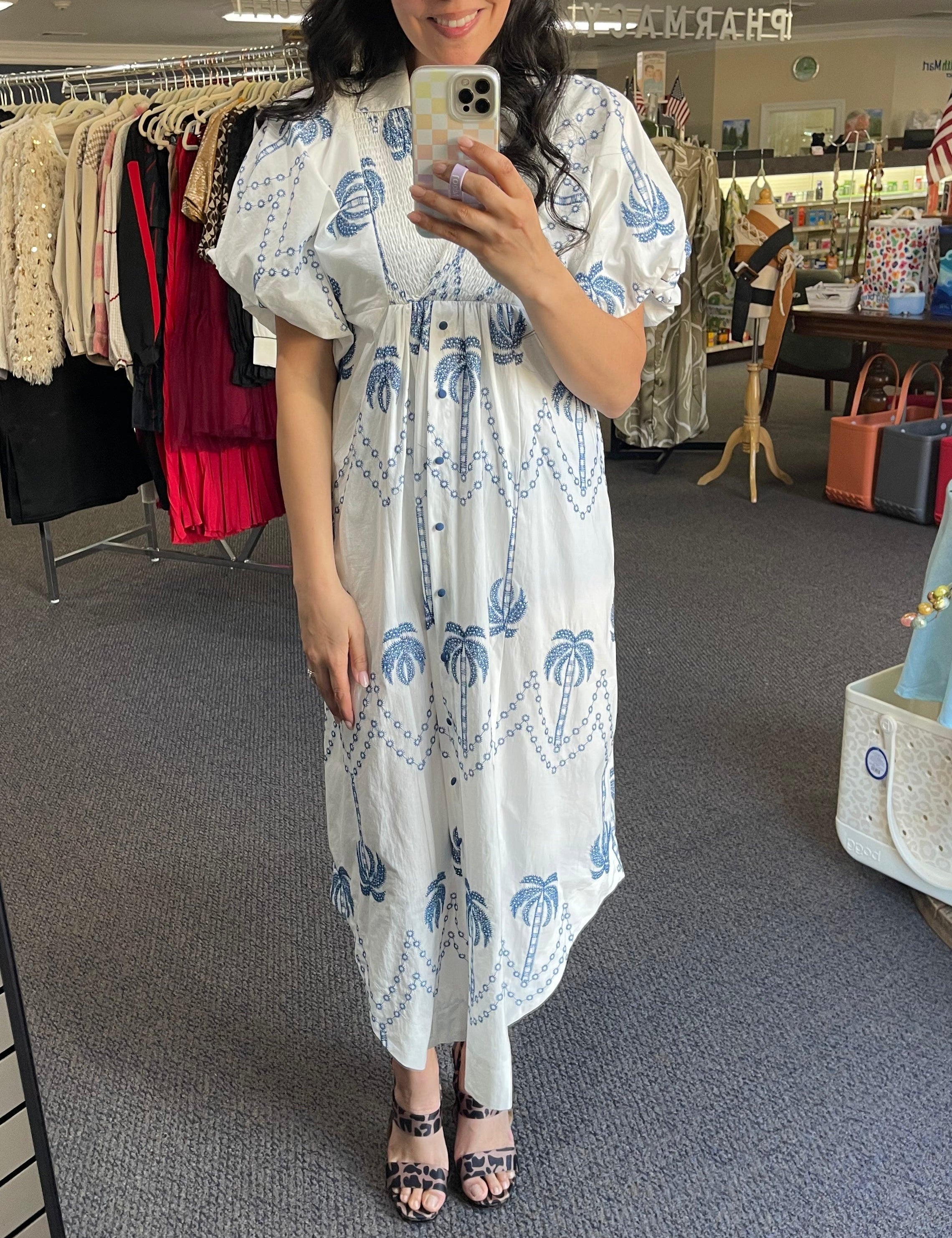 Tropical Palm Print Midi Dress Blue Blue Dresses
