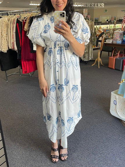 Palm Tree Print Midi Dress Blue Dresses