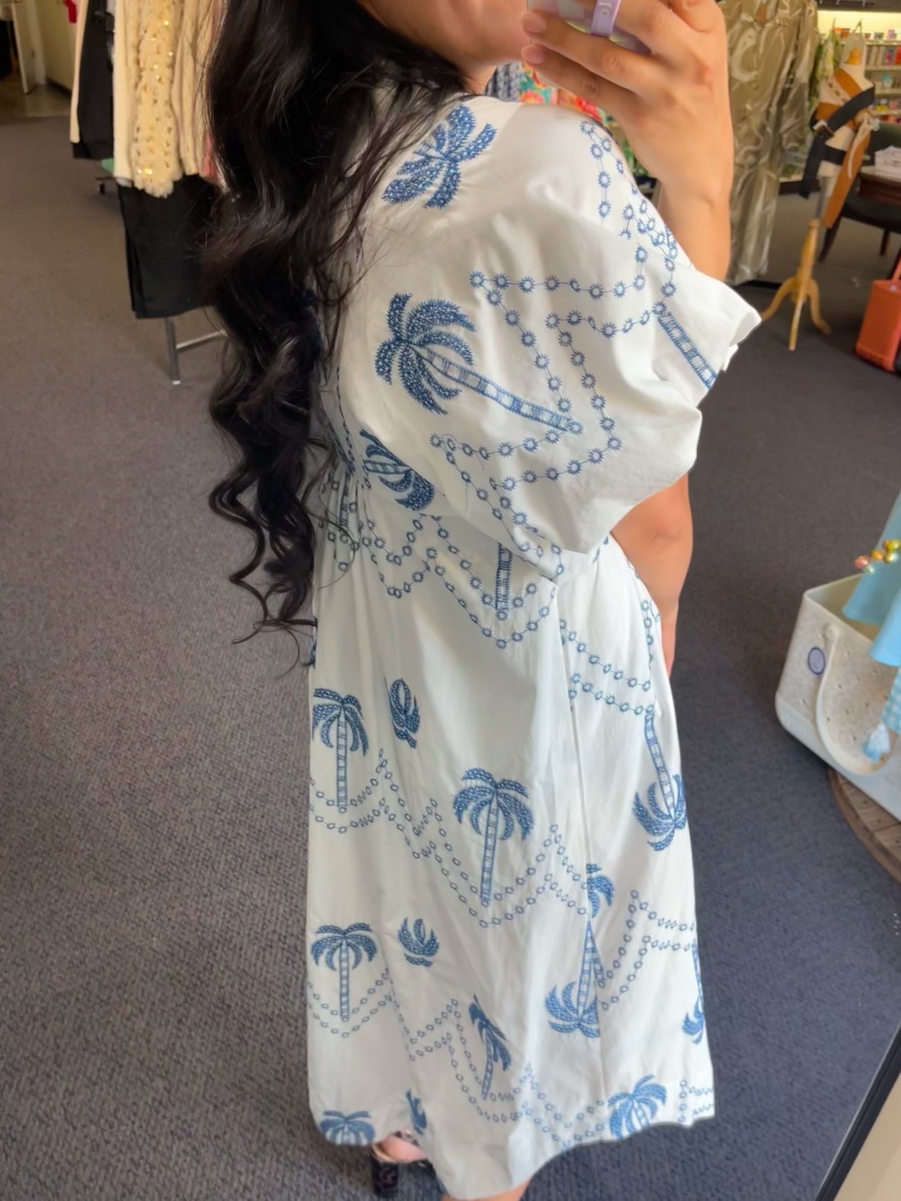 Tropical Palm Print Midi Dress Blue Dresses